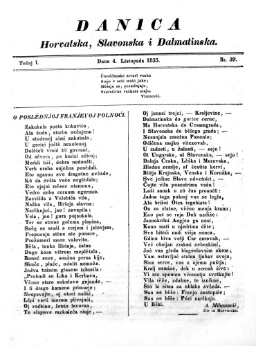 Danica horvatska, slavonska i dalmatinska : 1,39(1835) / redaktor Ljudevit Gaj.