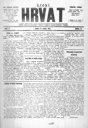 Lički Hrvat : 3,11(1924) : glasilo ličko-krbav. : organ Hrvatske republikanske seljačke stranke / odgovorni urednik: Marko D. Došen.