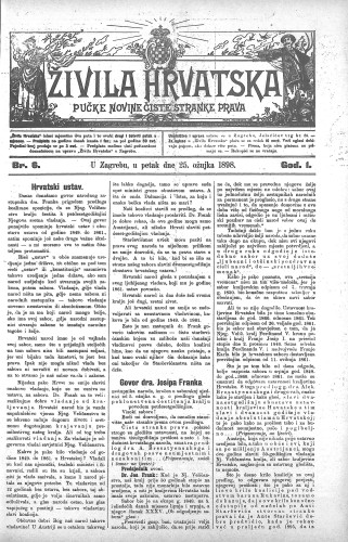 Živila Hrvatska : pučke novine čiste stranke prava : 1,6(1898) / odgovorni urednik Josip Zoček.