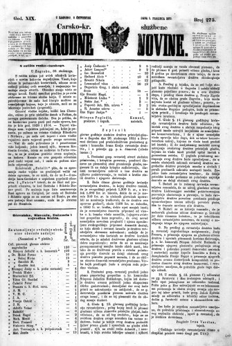 Carsko-kr. službene narodne novine : 19,275(1853) / učrednik Dr. Ljudevit Gaj.