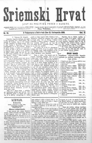 Sriemski Hrvat : list za politiku, pouku i zabavu : 9,84(1886) / odgovorni urednik Fran Večerina.