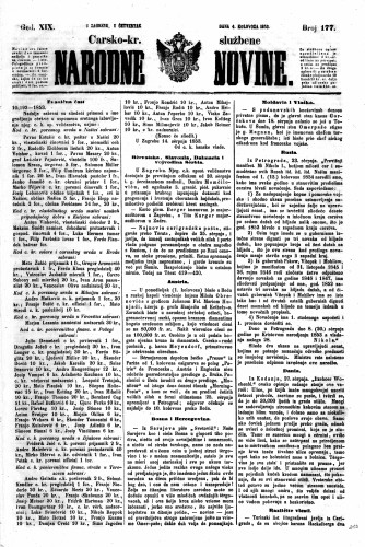 Carsko-kr. službene narodne novine : 19,177(1853) / učrednik Dr. Ljudevit Gaj.