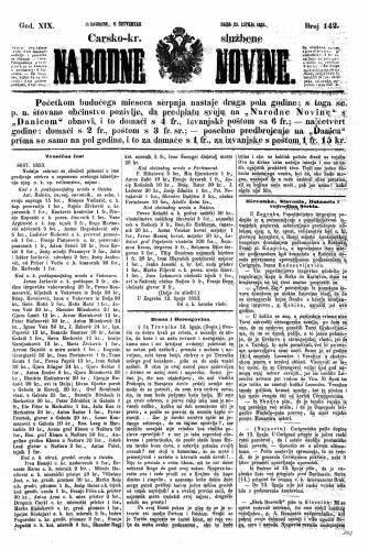 Carsko-kr. službene narodne novine : 19,142(1853) / učrednik Dr. Ljudevit Gaj.