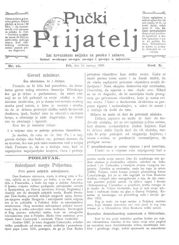 Pučki prijatelj : list hrvatskom seljaku za pouku i zabavu : 10,10(1909) / za uredništvo odgovara Miho Brusić.