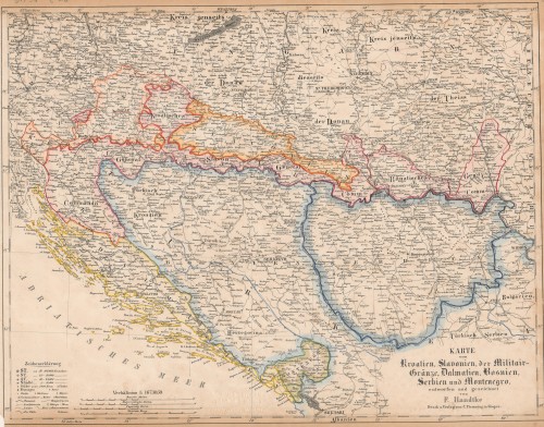Karte von Kroatien, Slavonien, der Militair-Gränze, Dalmatien, Bosnien, Serbien und Montenegro   / entworfen und gezeichnet von F. [Friedrich] Handtke.