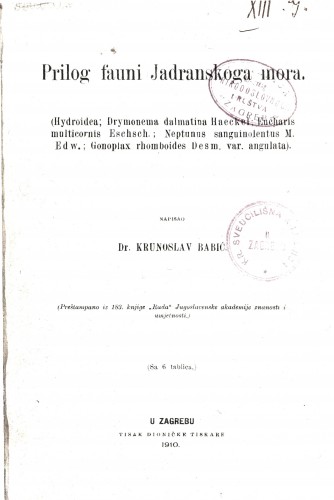 Prilog fauni Jadranskoga mora : (Hydroidea; Drymonema dalmatina Haeckel; Eucharis multicornis Eschsch; Neptunus sanguinolentus M. Edw.; Gonoptax rhomboindes Desm. var. angulata) : (sa 6 tablica) / napisao Krunoslav Babić.