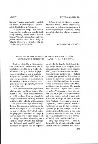 Dvije stare tiskane glagoljske knjige na izložbi u Kraljevskoj biblioteci u Haagu (1. X. - 3. XII. 1993.)   / Anica Nazor