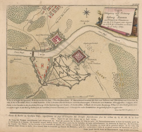 Carte der Belagerung und Eroberung der Festung Berbir oder Türkisch Gradisca   / Johann Thomas Trattnern.