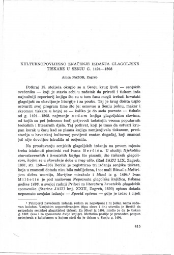 Kulturnopovijesno značenje izdanja glagoljske tiskare u Senju g. 1494-1508 /Anica Nazor