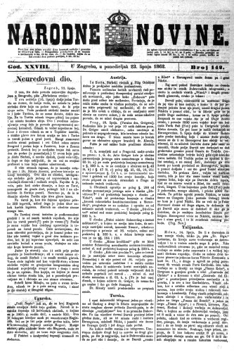 Narodne novine : 28,142(1862) / odgovorni urednik Dimitrije Demeter.