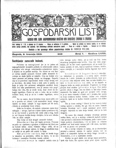 Gospodarski list : organ hrv.-slav. gospodarskoga družtva : 58,7(1910) / uredjuje u ime upravnoga odbora gospodarskoga društva Dr. Franjo Poljak.