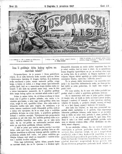 Gospodarski list : organ hrv.-slav. gospodarskoga družtva : 55,23(1907) / uredjuje u ime upravlj. odbora gospod. družtva Milan Krištof.