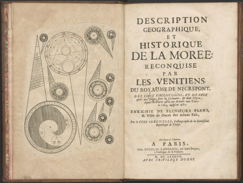 Description geographique et historique de la Morée : reconquise par les Venitiens. Du royaume de Negrepont, des lieux circonvoisins, et de ceux qu'ils ont soûmis dans la Dalmatie, et dans l'Epire, depuis la Guerre qu'ils ont declarée aux Turcs en 1684. jusqu'en 1687. / par le pere Coronelli, Cosmographe de la Serenisime Republique de Venise