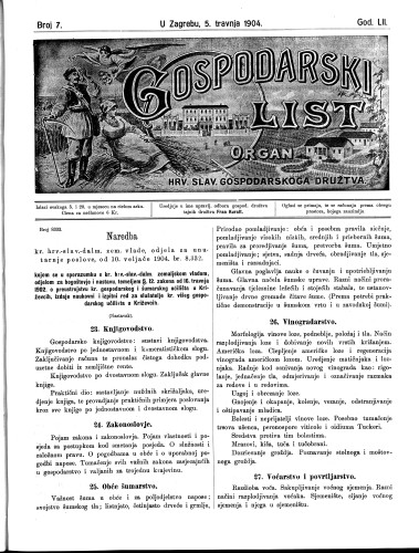 Gospodarski list : organ hrv. slav. gospodarskoga družtva : 52,7(1904) / uredjuje u ime upravlj. odbora gospod. družtva tajnik družtva Fran Kuralt.