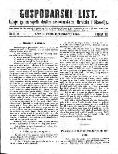 Gospodarski list : 3,36(1855) / odgovorni urednik Lj. Vukotinović.