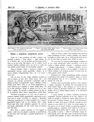 Gospodarski list : organ hrv. slav. gospodarskoga družtva : 52,23(1904) / uredjuje u ime upravlj. odbora gospod. družtva tajnik družtva Fran Kuralt.