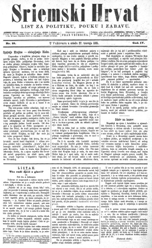 Sriemski Hrvat : list za politiku, pouku i zabavu : 4,21(1881) / odgovorni urednik Fran Večerina.