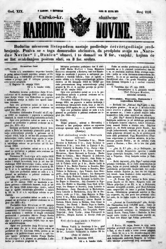 Carsko-kr. službene narodne novine : 19,216(1853) / učrednik Dr. Ljudevit Gaj.
