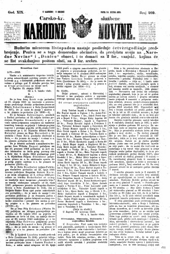 Carsko-kr. službene narodne novine : 19,209(1853) / učrednik Dr. Ljudevit Gaj.