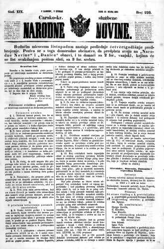 Carsko-kr. službene narodne novine : 19,220(1853) / učrednik Dr. Ljudevit Gaj.