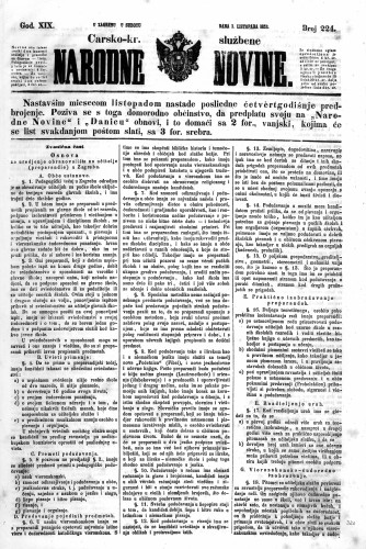 Carsko-kr. službene narodne novine : 19,224(1853) / učrednik Dr. Ljudevit Gaj.