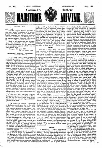 Carsko-kr. službene narodne novine : 19,139(1853) / učrednik Dr. Ljudevit Gaj.