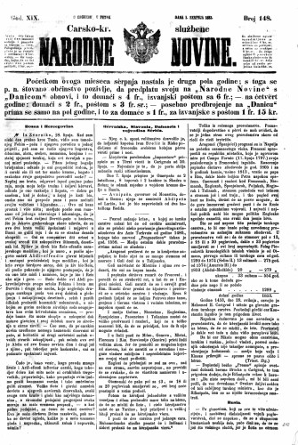Carsko-kr. službene narodne novine : 19,148(1853) / učrednik Dr. Ljudevit Gaj.