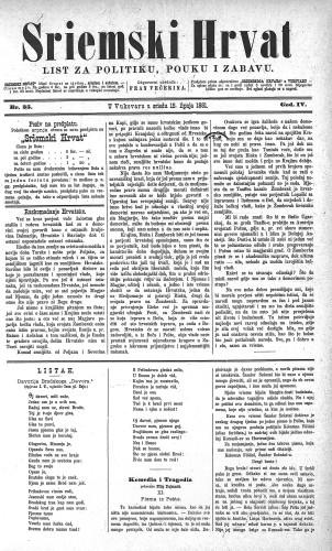 Sriemski Hrvat : list za politiku, pouku i zabavu : 4,35(1881) / odgovorni urednik Fran Večerina.