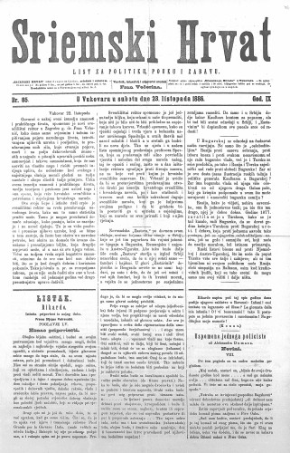 Sriemski Hrvat : list za politiku, pouku i zabavu : 9,85(1886) / odgovorni urednik Fran Večerina.