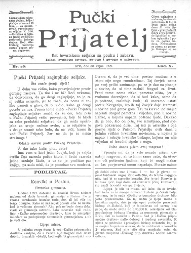 Pučki prijatelj : list hrvatskom seljaku za pouku i zabavu : 10,26(1909) / za uredništvo odgovara Miho Brusić.