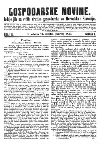 Gospodarske novine : izdaje jih na svetlo družtvo gospodarsko za Hervatsku i Slavoniju : 1,11(1853) / odgovorni urednik Dragutin Rakovec.