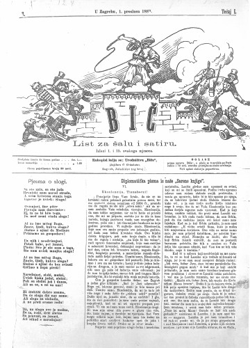 Bič : list za šalu i satiru : 1,3(1883) / [odgovorni urednik Gavro Grünhut].