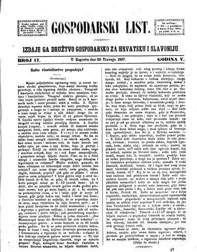 Gospodarski list : 5,17(1857) / odgovorni urednik Lj. Vukotinović.