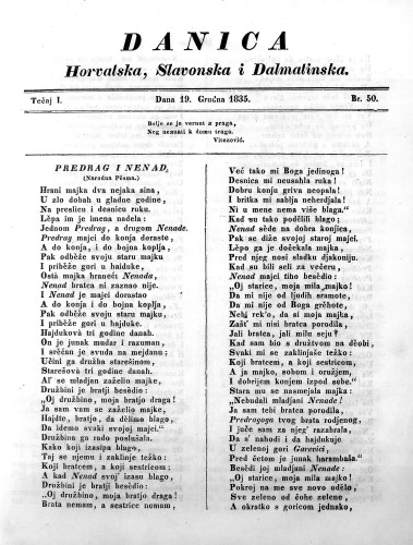 Danica horvatska, slavonska i dalmatinska : 1,50(1835) / redaktor Ljudevit Gaj.