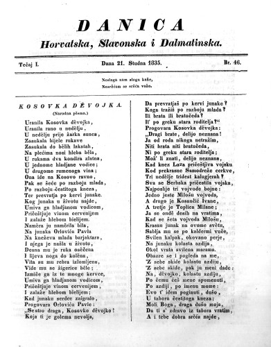 Danica horvatska, slavonska i dalmatinska : 1,46(1835) / redaktor Ljudevit Gaj.
