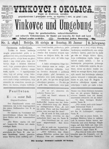 Vinkovce und Umgebung : Organ für gesellschaftliche, volkswirthschaftliche und culturelle Volksinteressen, für Handel und Gewerbe für Stadt und Land : 2,5(1898) / verantwortlicher Redakteur M. Hirschberger.