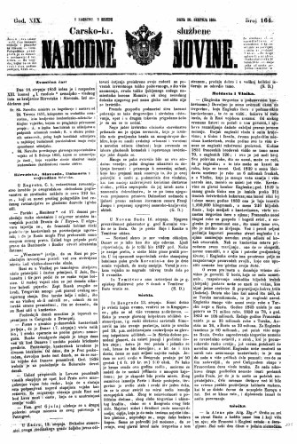 Carsko-kr. službene narodne novine : 19,164(1853) / učrednik Dr. Ljudevit Gaj.