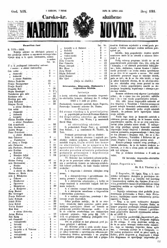 Carsko-kr. službene narodne novine : 19,131(1853) / učrednik Dr. Ljudevit Gaj.