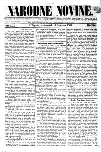 Narodne novine : 29,184(1863) / odgovorni urednik Ljudevit Gaj.