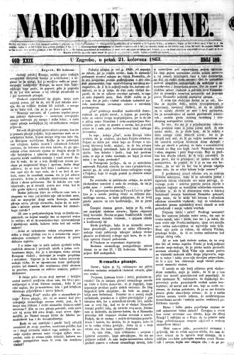 Narodne novine : 29,189(1863) / odgovorni urednik Ljudevit Gaj.