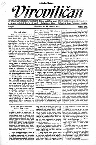 Virovitičan : list za politiku, javni i društveni život : 25,37(1923) / odgovorni urednik Ivan Dobravec-Plevnik.