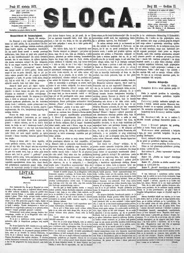 Sloga : 2,22(1871) / odgovorni urednik Stjepan Pavišić.