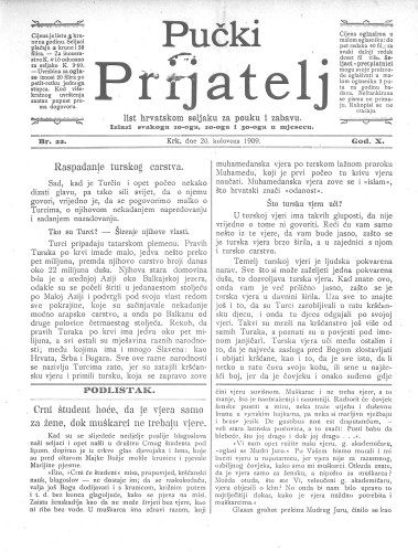 Pučki prijatelj : list hrvatskom seljaku za pouku i zabavu : 10,22(1909) / za uredništvo odgovara Miho Brusić.