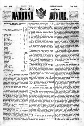 Carsko-kr. službene narodne novine : 19,248(1853) / učrednik Dr. Ljudevit Gaj.
