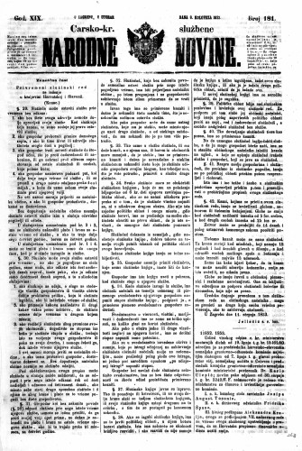 Carsko-kr. službene narodne novine : 19,181(1853) / učrednik Dr. Ljudevit Gaj.
