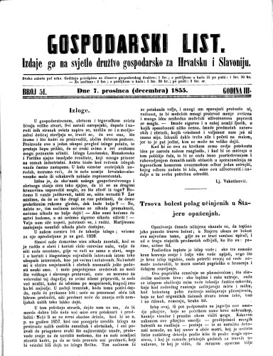 Gospodarski list : 3,51(1855) / odgovorni urednik Lj. Vukotinović.