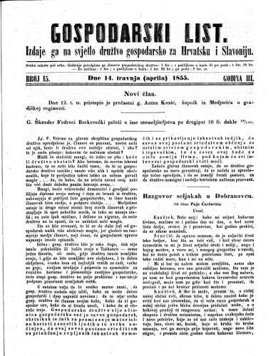 Gospodarski list : 3,15(1855) / odgovorni urednik Lj. Vukotinović.