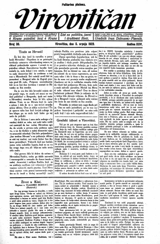 Virovitičan : list za politiku, javni i društveni život : 25,35(1923) / odgovorni urednik Ivan Dobravec-Plevnik.