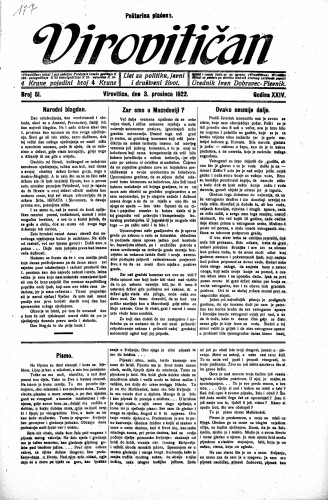 Virovitičan : list za politiku, javni i društveni život : 24,51(1922) / odgovorni urednik Ivan Dobravec-Plevnik.