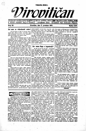 Virovitičan : list za politiku, javni i društveni život : 24,53(1922) / odgovorni urednik Ivan Dobravec-Plevnik.